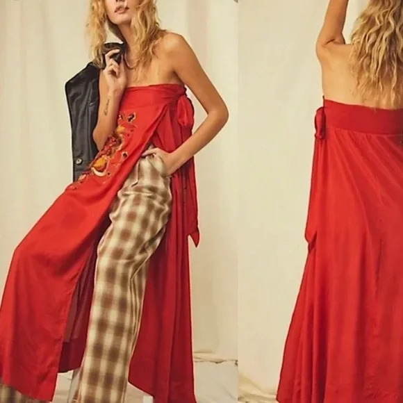 Free People Maxi Evening Embroidered Tube M & XL Red Floral Strapless Sarong Top - Picture 8 of 8